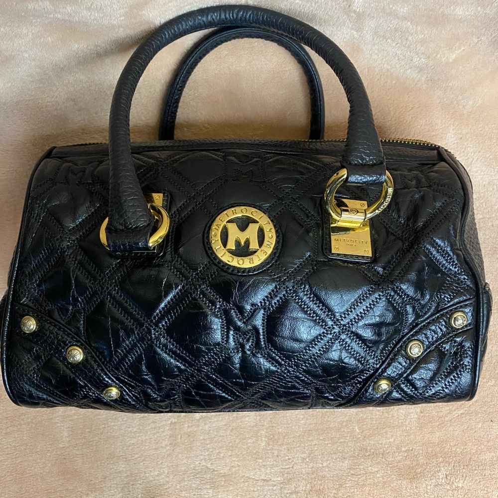 Chic Black Quilted Satchel with Gold Accents